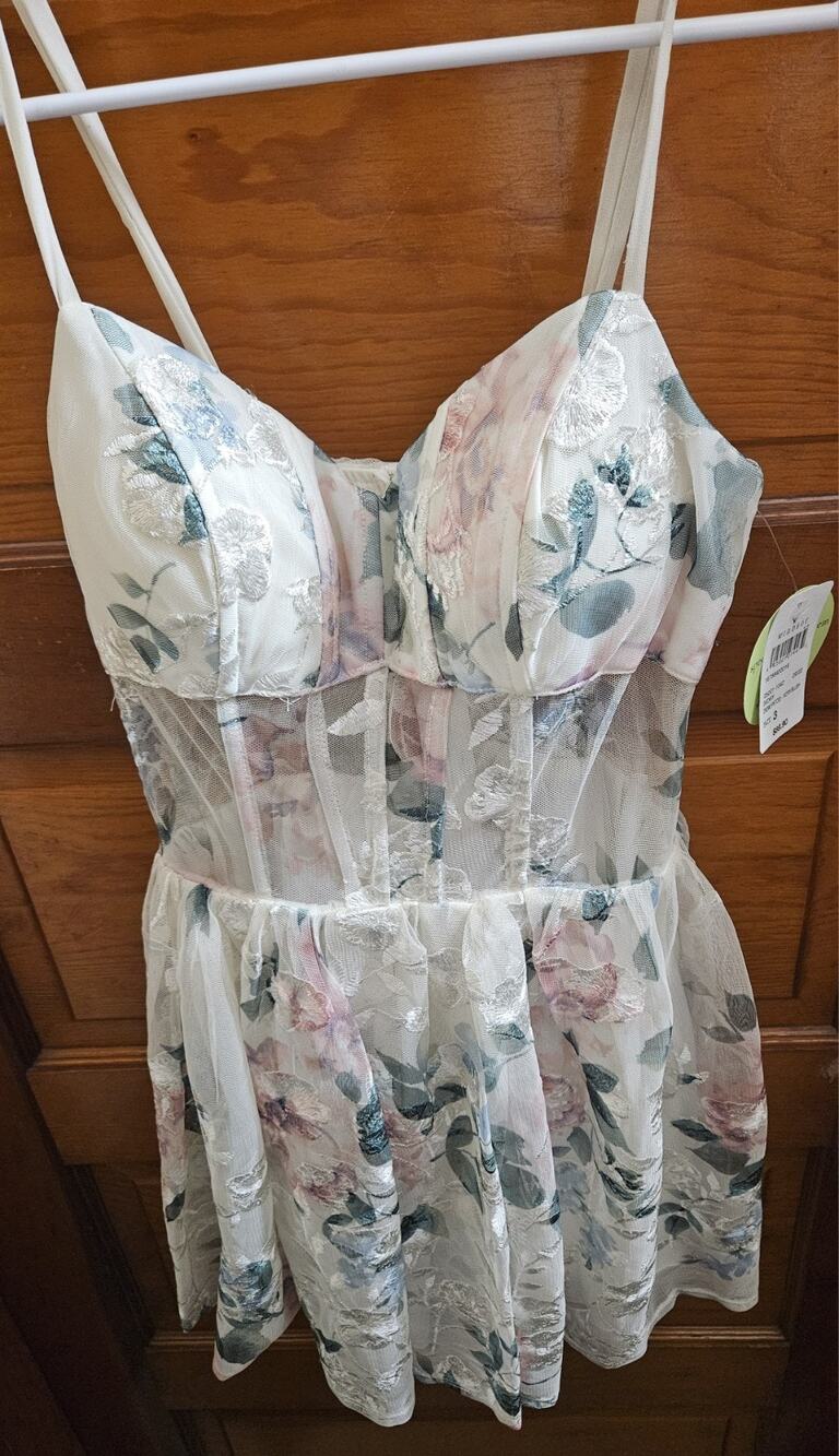 NWT Floral Mesh Corset Homecoming Dress Women's Size 3(XS) White Pink Mini Dress